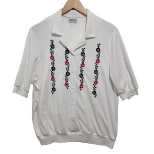 BonWorth Womens Button Front Top Floral Embroidery
